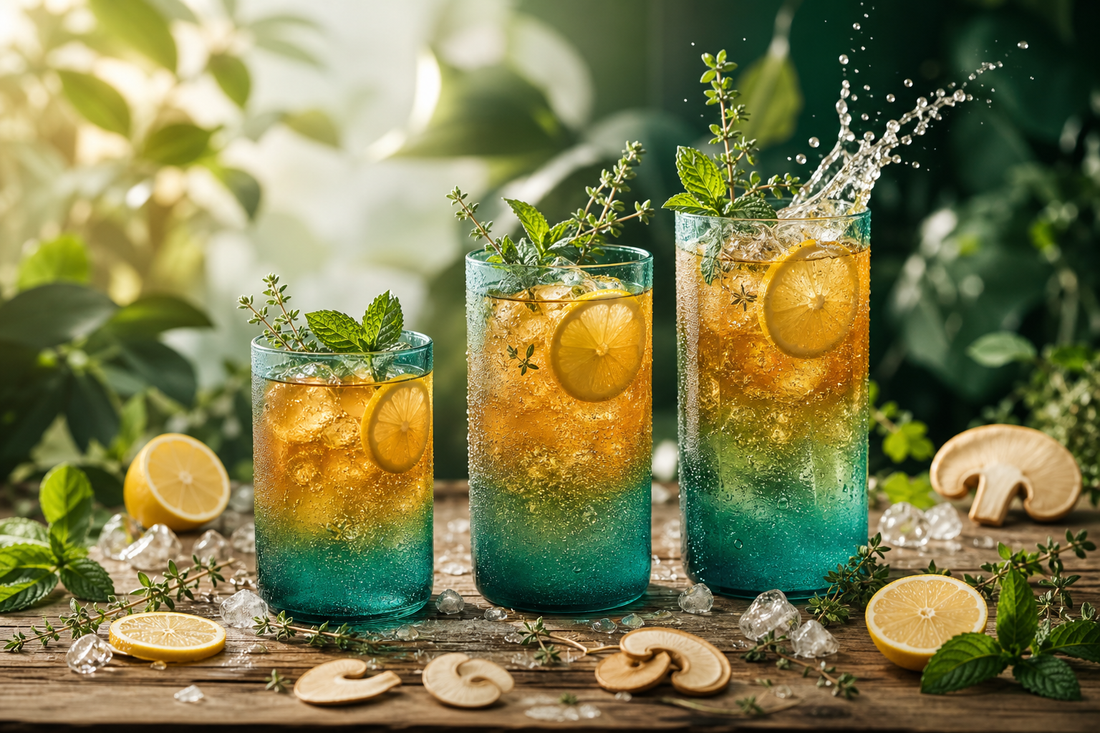 Three iced lemon drinks with mint garnish and splashing liquid on a rustic table amid greenery and citrus slices.