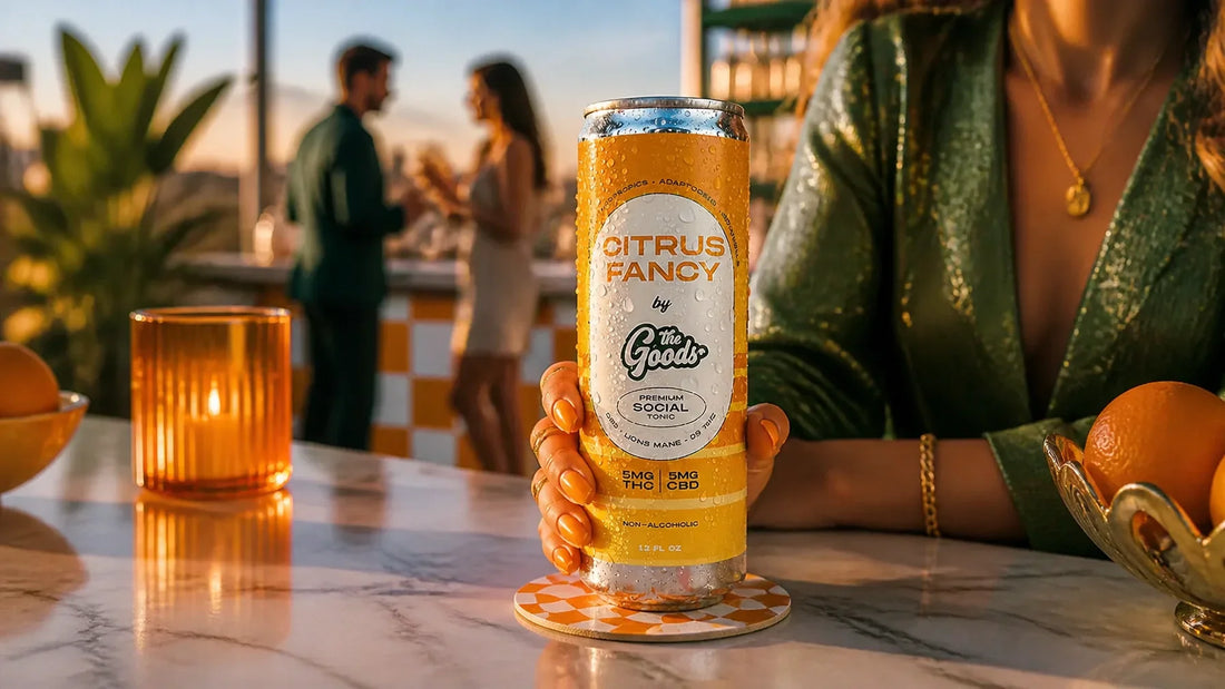 a close up of Citrus Fancy THC social tonic sitting on a table