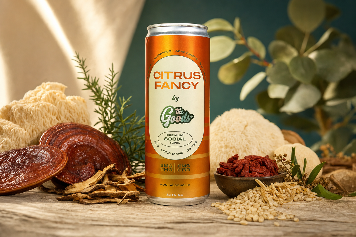 Orange "Citrus Fancy" tonic can surrounded by mushrooms, goji berries, grains, and herbs on wood.