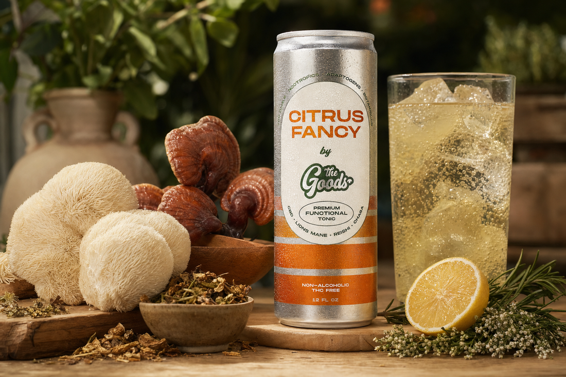 Citrus Fancy functional tonic can beside a glass of iced drink, lion's mane and reishi mushrooms, and lemon.