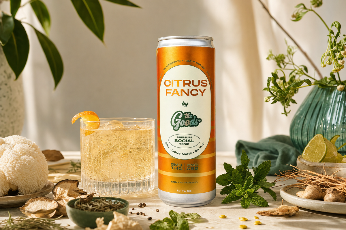 Citrus Fancy THC/CBD social tonic can beside a garnished cocktail, surrounded by mushrooms, mint, lime, and herbs.