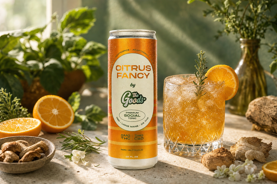 Citrus Fancy THC-CBD social tonic can beside an iced orange drink, surrounded by oranges, herbs, and mushrooms.