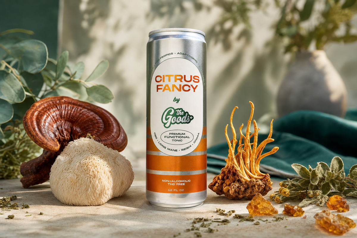 Citrus Fancy functional tonic can flanked by reishi, lion's mane, and cordyceps mushrooms with herbs.
