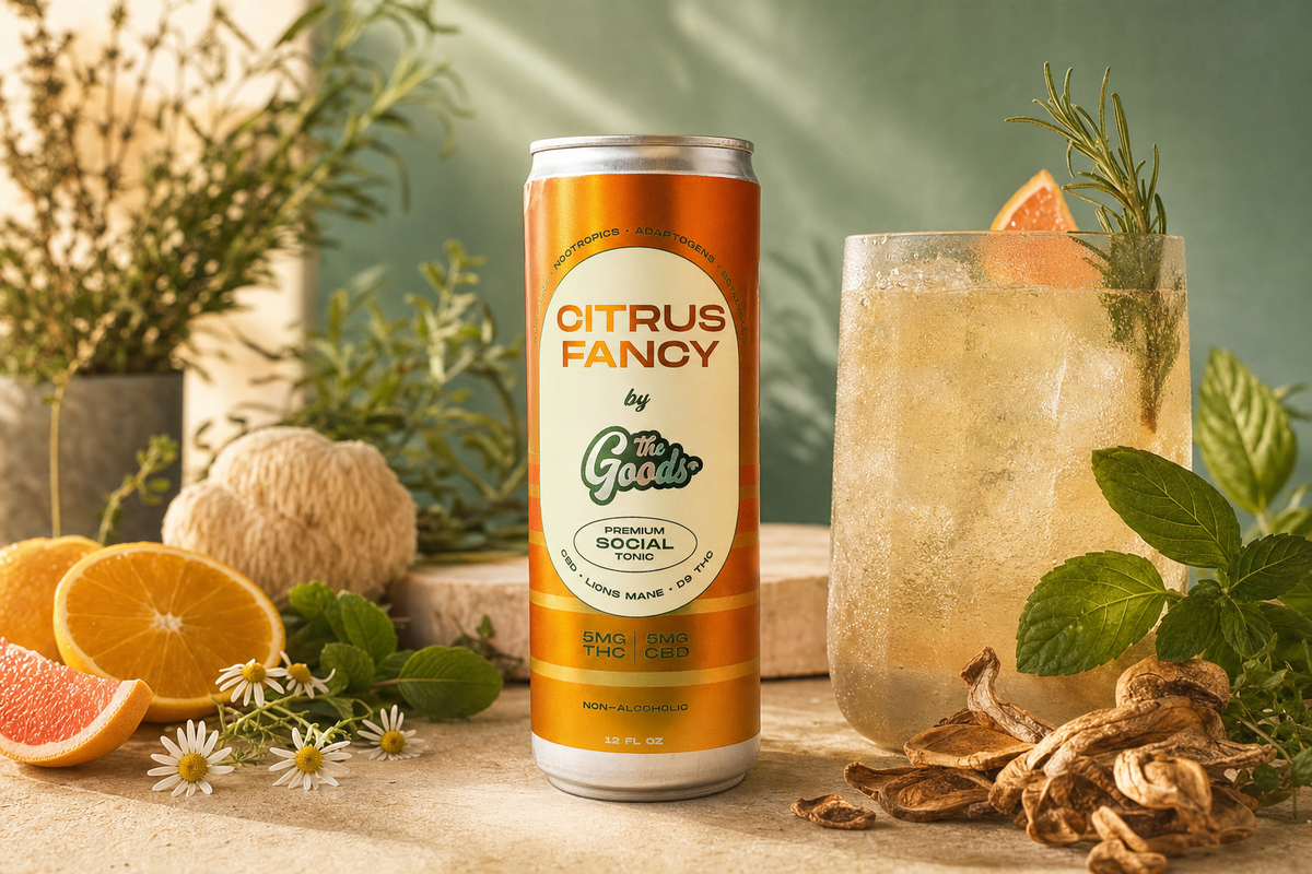 Orange "Citrus Fancy" THC/CBD tonic can beside an iced garnished drink, citrus, herbs and mushrooms.