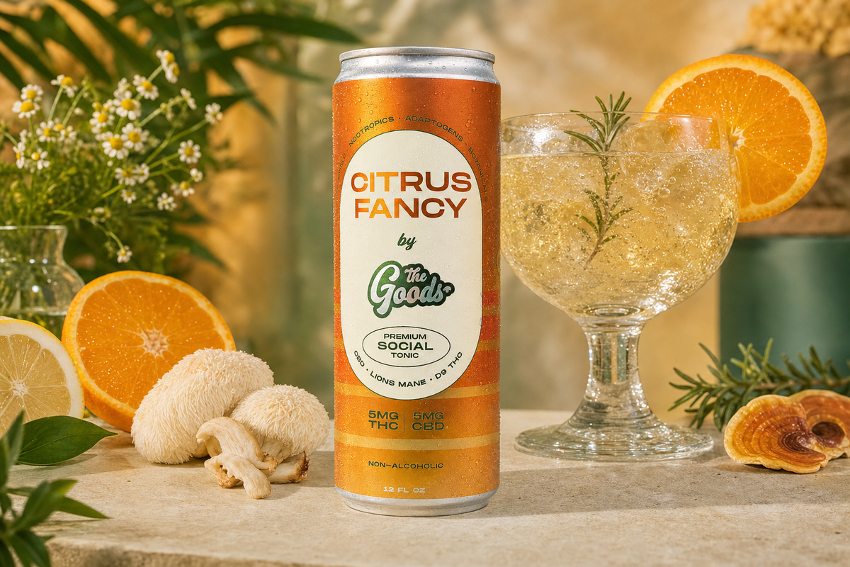 Citrus Fancy THC social tonic can beside a fizzy garnished drink, oranges, mushrooms, and chamomile flowers.