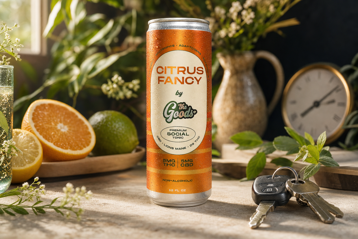 Orange "Citrus Fancy" THC and CBD social tonic can beside car keys, citrus fruit, and a clock.