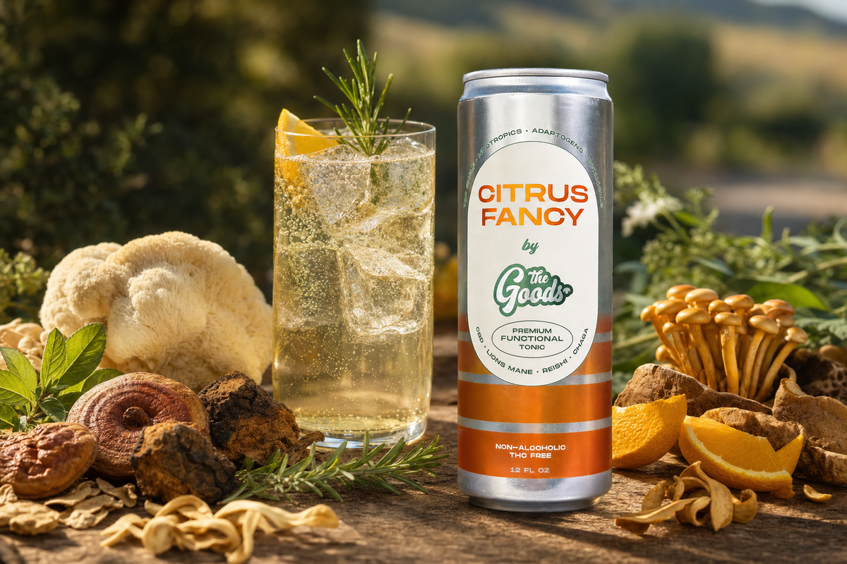 Citrus Fancy functional tonic can beside a garnished iced drink, surrounded by mushrooms, orange slices, and herbs outdoors.