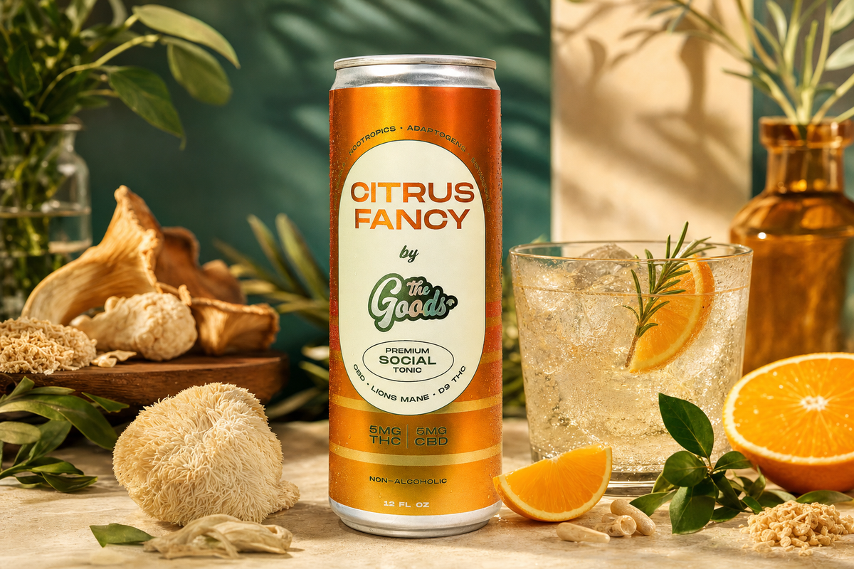 Orange Citrus Fancy THC-CBD social tonic can beside an iced drink with orange and rosemary, lion's mane mushrooms and greenery.