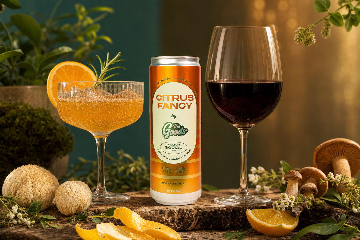 Citrus Fancy THC tonic can between a citrus cocktail and red wine, with mushrooms and herbs on wood.
