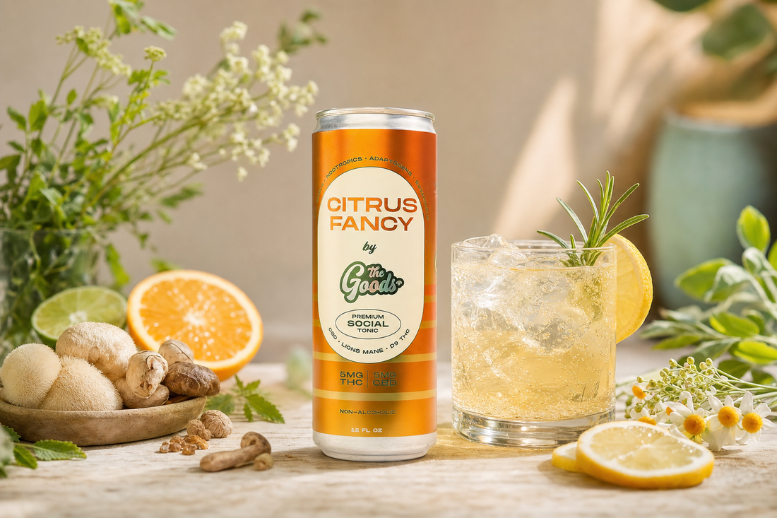 Citrus Fancy social tonic can beside an iced drink garnished with rosemary and lemon, with mushrooms, oranges, and herbs.