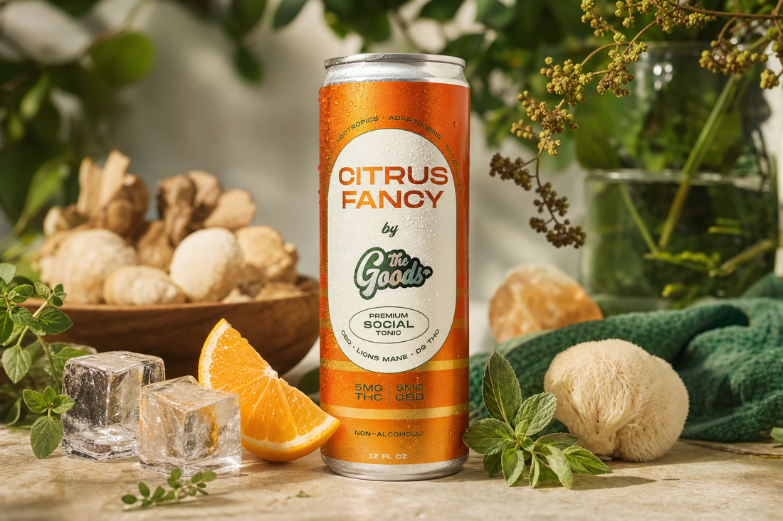 Orange "Citrus Fancy by The Goods" THC/CBD social tonic can among ice cubes, orange slice, mint, and lion's mane mushroom.