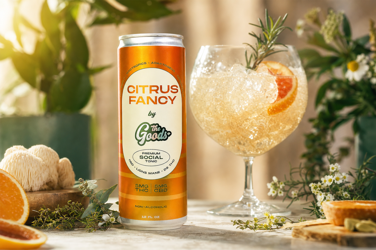 Citrus Fancy THC social tonic can beside an iced grapefruit cocktail with rosemary, surrounded by citrus and herbs.