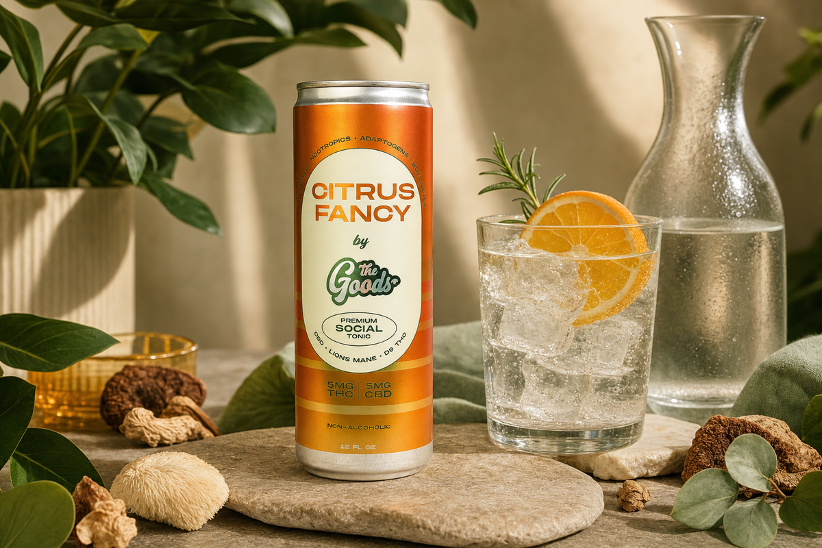 Orange "Citrus Fancy" THC social tonic can beside an iced drink garnished with orange and rosemary, with mushrooms and plants.