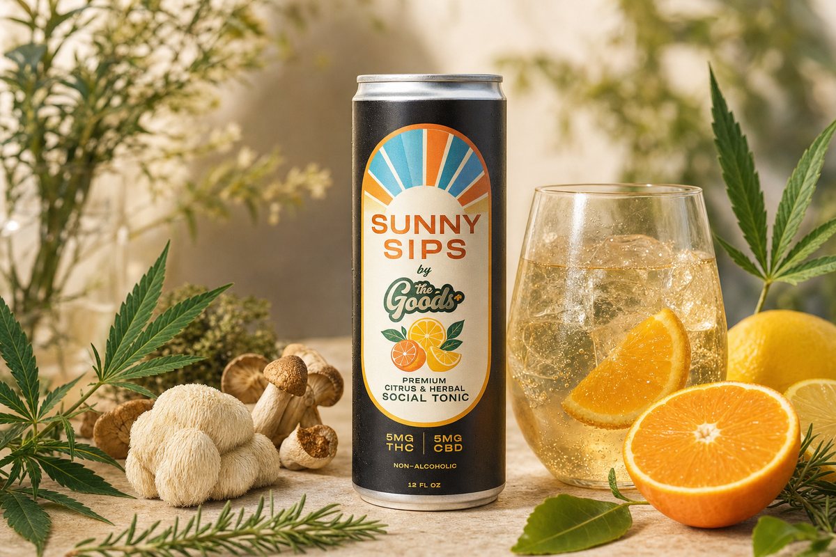 Sunny Sips THC/CBD tonic can beside a sparkling drink, oranges, mushrooms, and cannabis leaves.