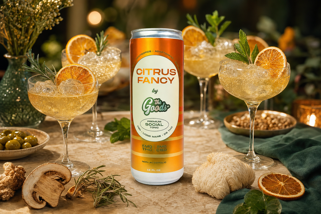 Citrus Fancy THC/CBD social tonic can amid cocktail coupes garnished with orange and mint, mushrooms, and olives.
