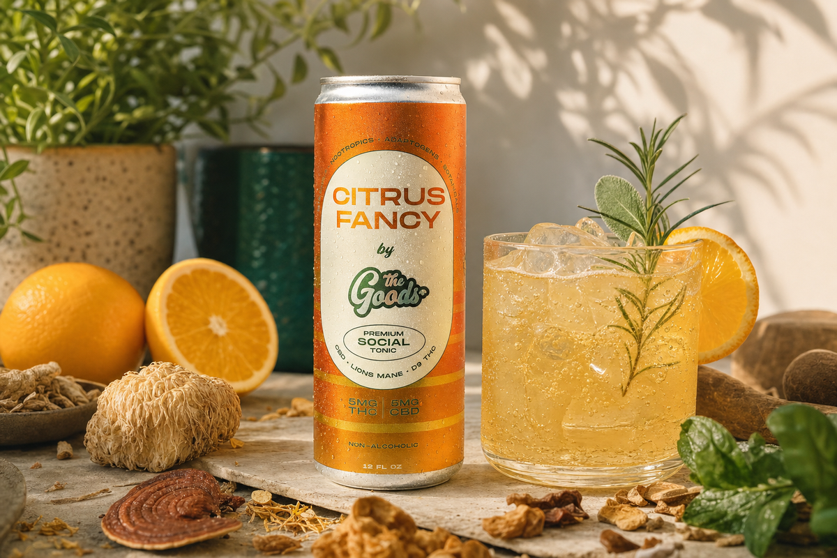 Citrus Fancy THC social tonic can beside an iced drink garnished with rosemary and orange, with mushrooms and citrus.
