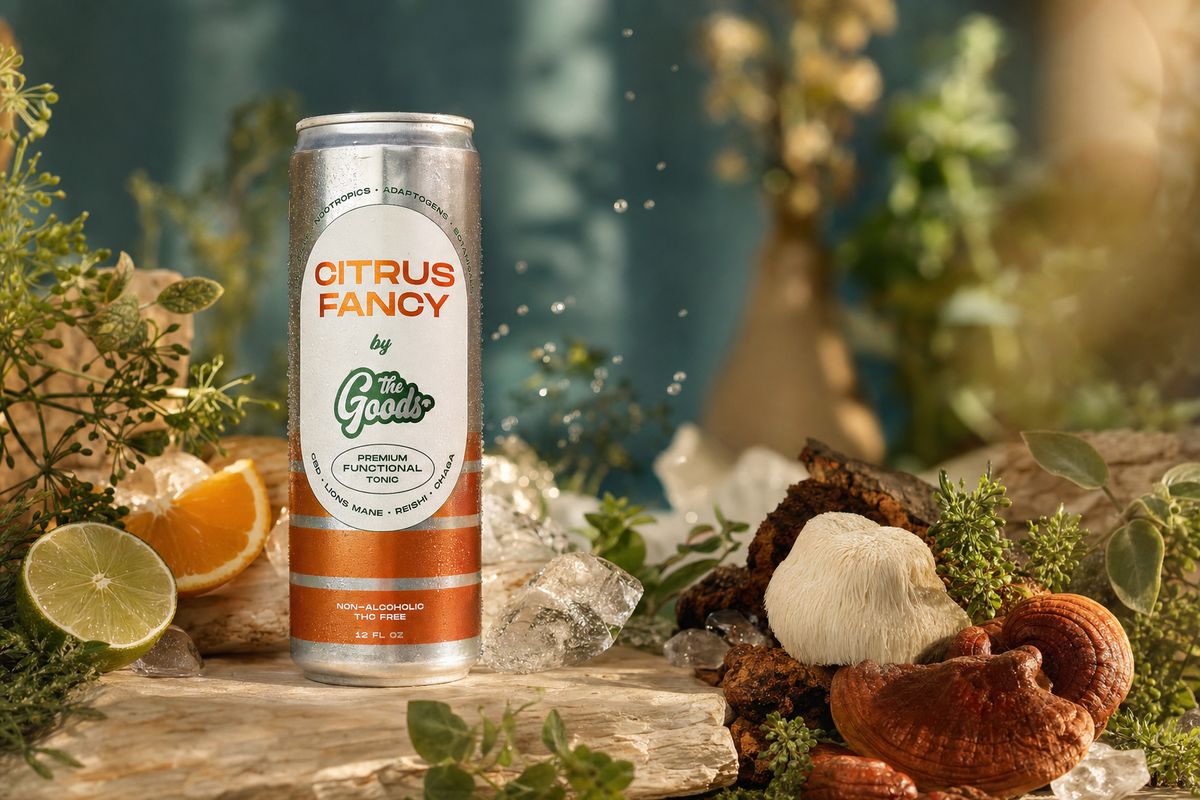 Citrus Fancy functional tonic can by The Goods surrounded by citrus slices, mushrooms, crystals and greenery.
