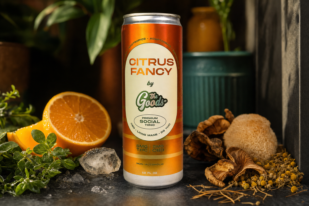 Orange "Citrus Fancy" by The Goods social tonic can with 5mg THC/CBD, beside fresh orange, herbs, dried mushrooms, and chamomile.