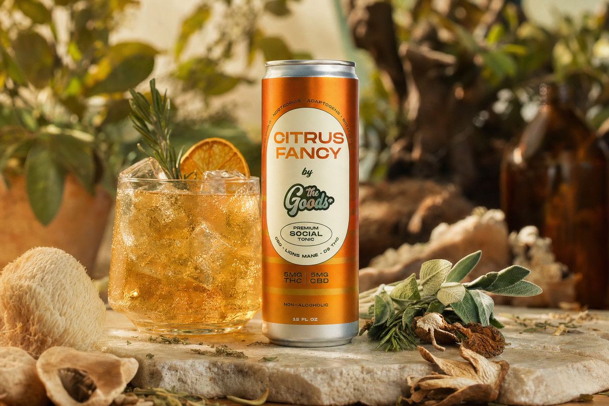 Citrus Fancy THC and CBD tonic can beside an iced cocktail garnished with rosemary and dried orange, among herbs and mushrooms.