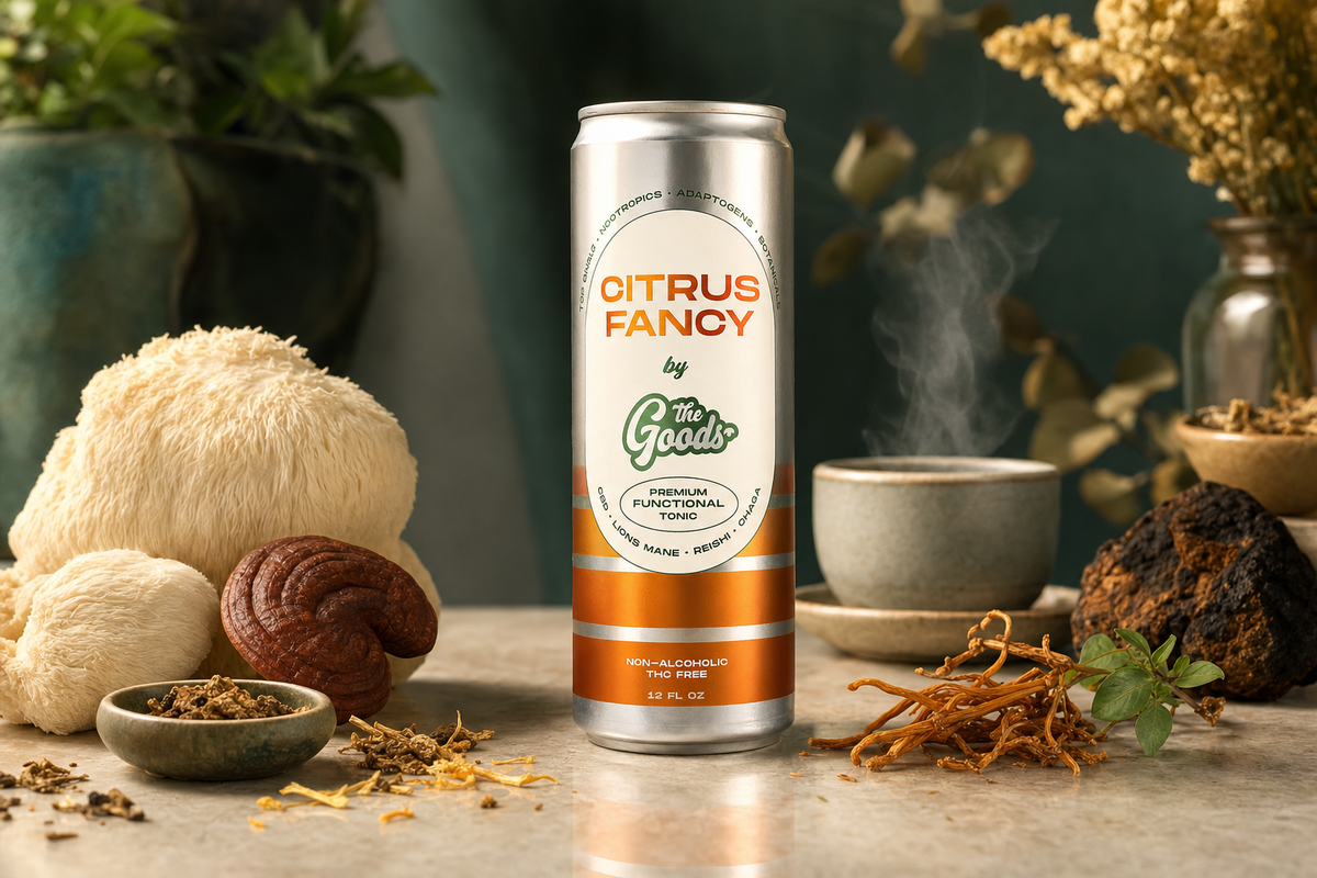 Citrus Fancy functional tonic can surrounded by lion's mane, reishi, chaga mushrooms and a steaming cup of tea.