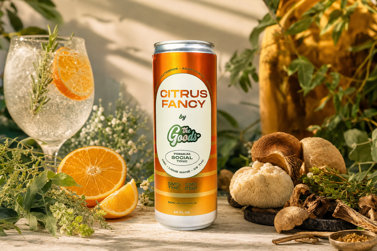 Citrus Fancy social tonic can by The Goods beside orange slices, herbs, a sparkling drink, and mushrooms.