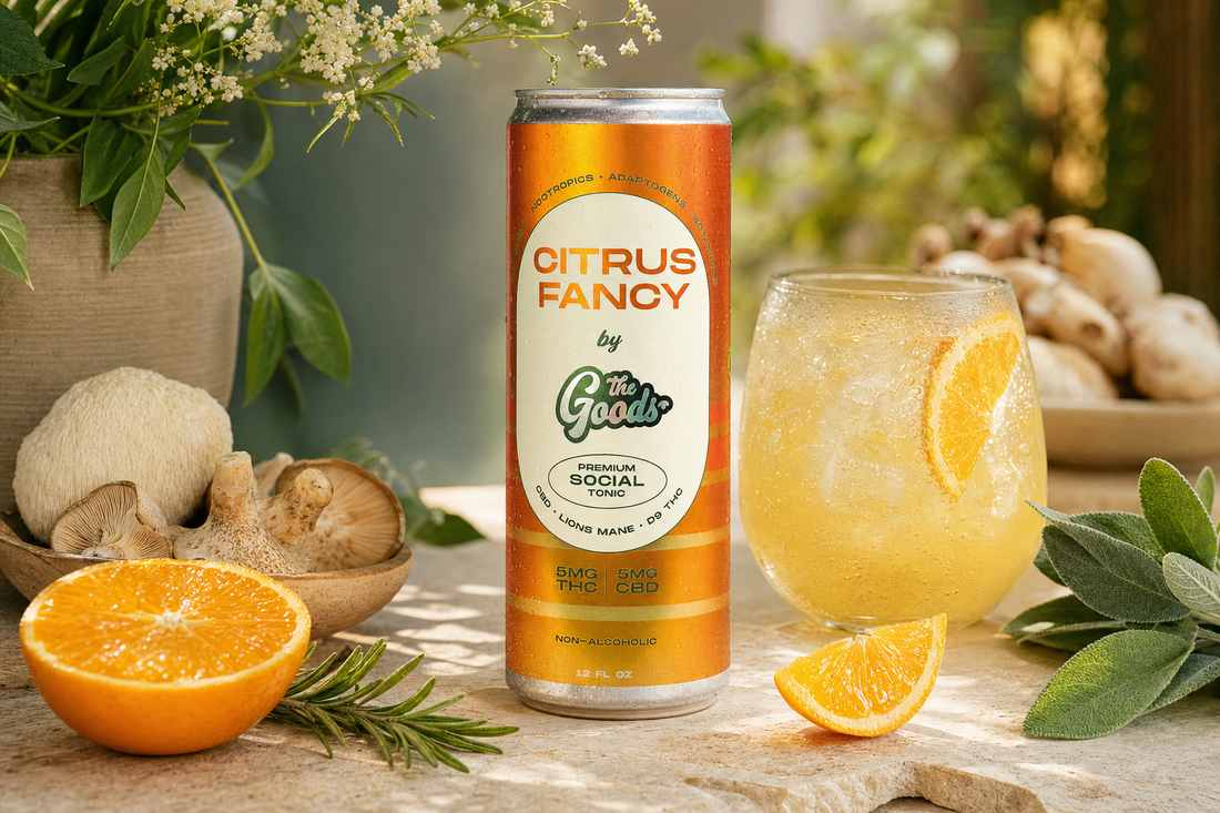 Citrus Fancy THC and CBD social tonic can beside a glass of citrus drink, orange slices, mushrooms, and herbs.