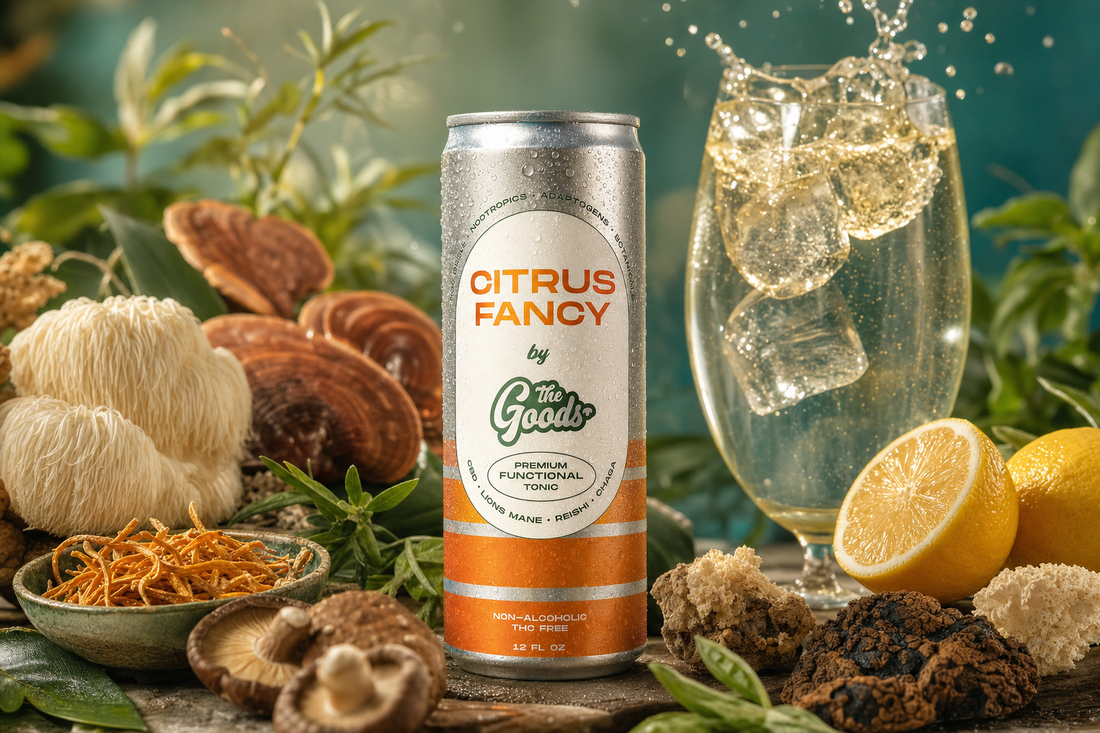 Citrus Fancy functional tonic can beside a splashing iced drink, lemons, and various medicinal mushrooms.