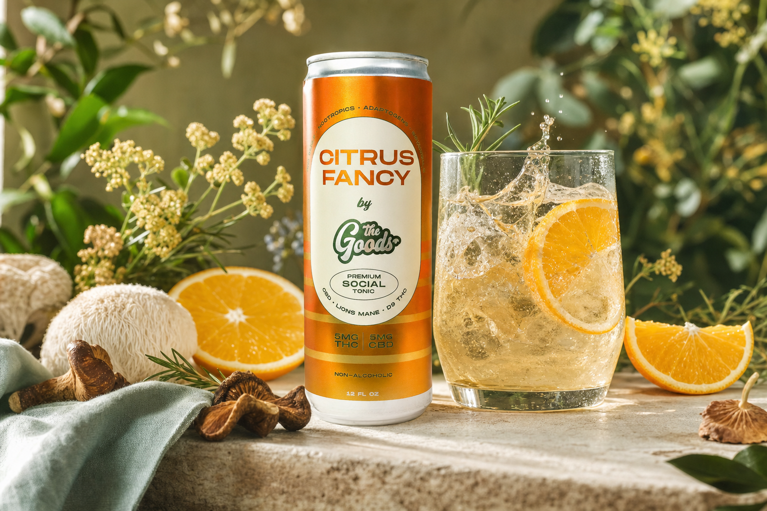 Citrus Fancy social tonic can beside a fizzy iced drink with orange slices, mushrooms, and herbs.