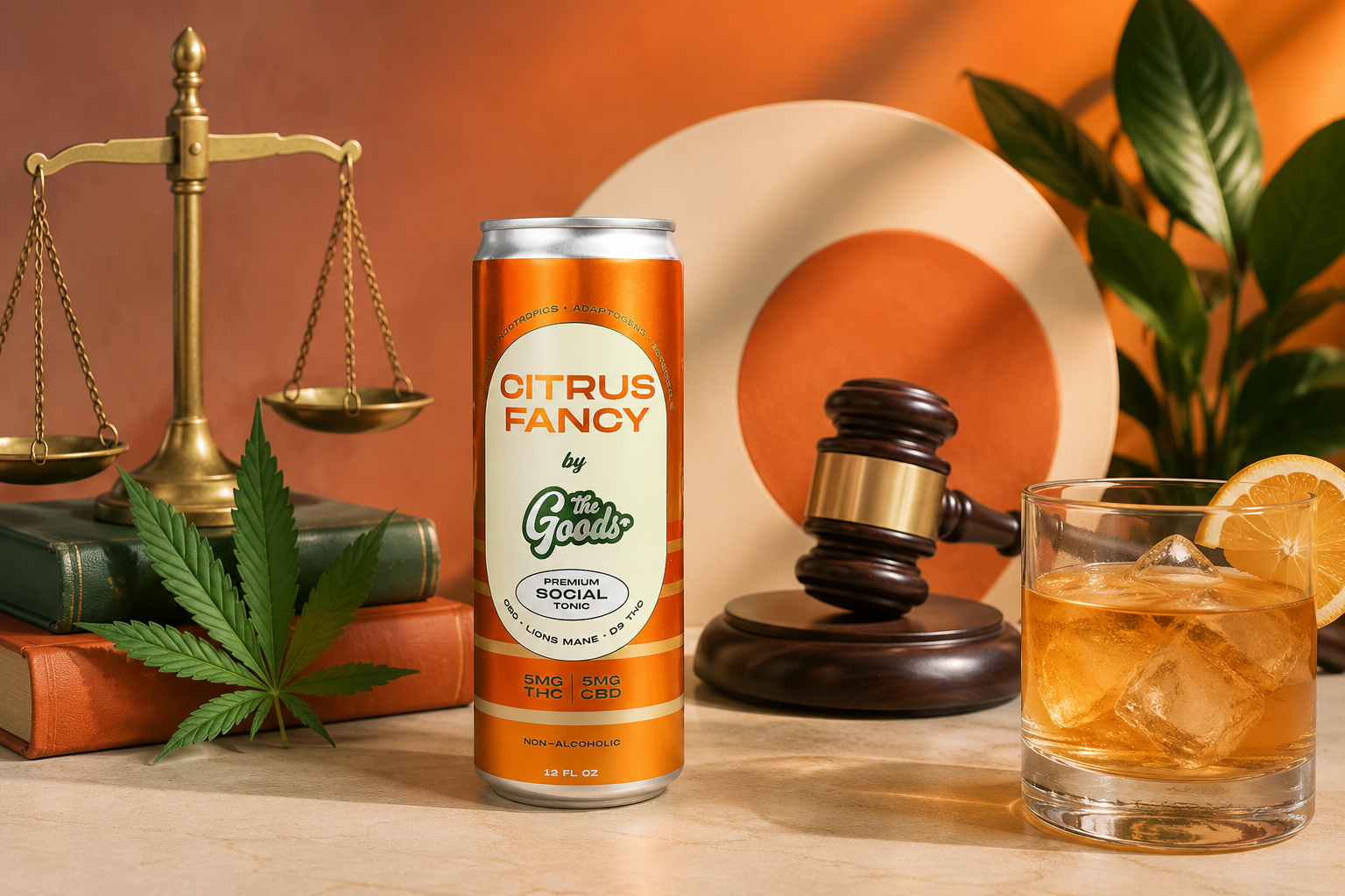 the goods social thc tonic next to a gavel, scale, weed leaf, and cocktail