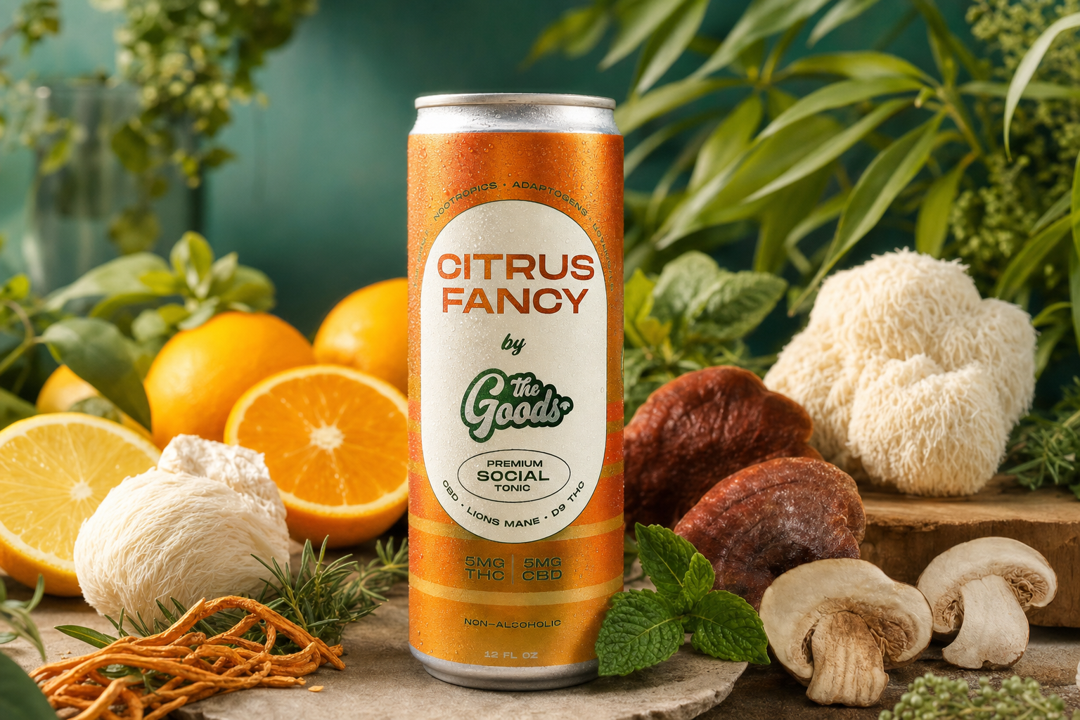 Orange "Citrus Fancy by the Goods" tonic can surrounded by oranges, lion's mane and reishi mushrooms, and herbs.