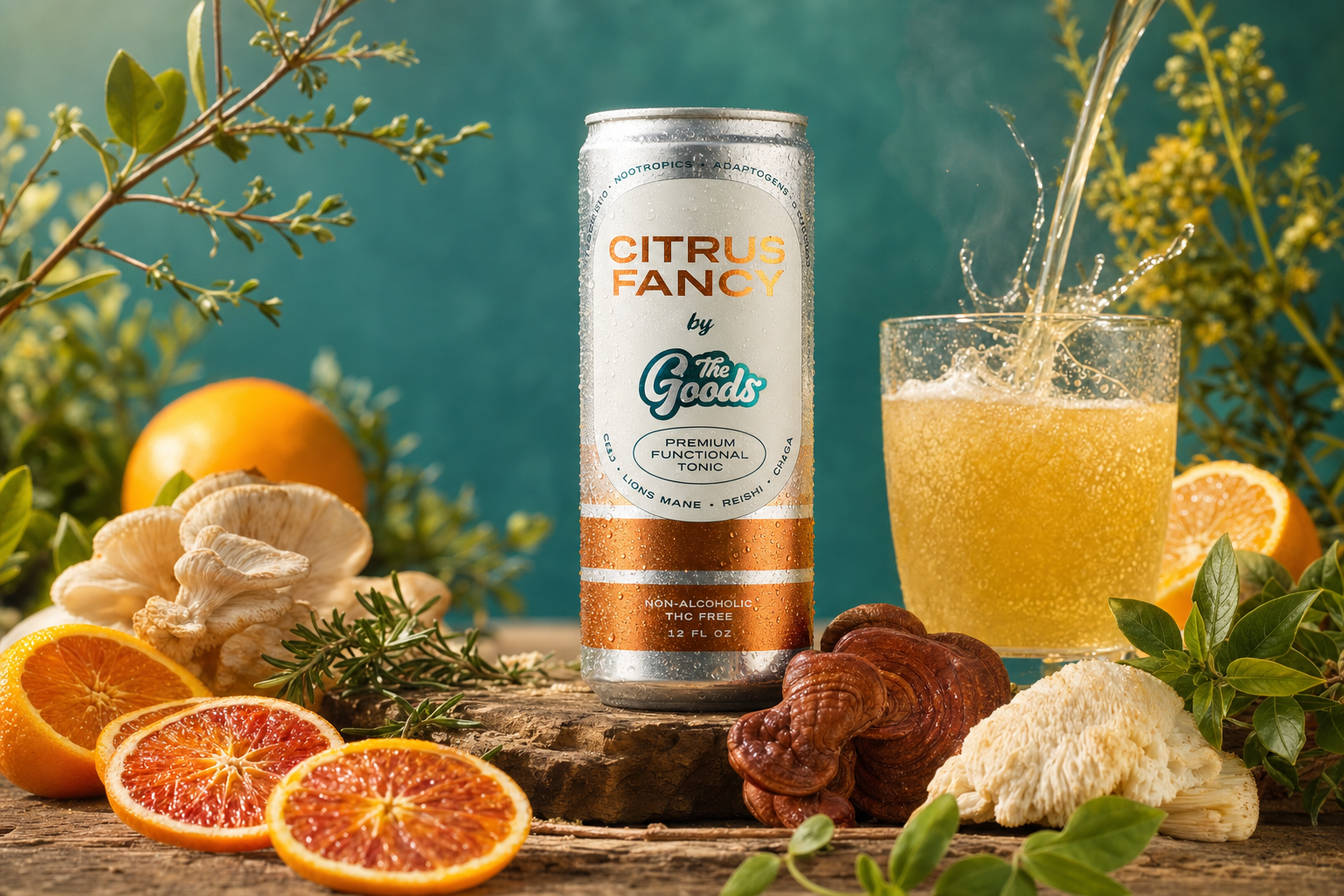 Citrus Fancy functional tonic can beside a splashing glass, blood oranges, and mushrooms on wood against teal.