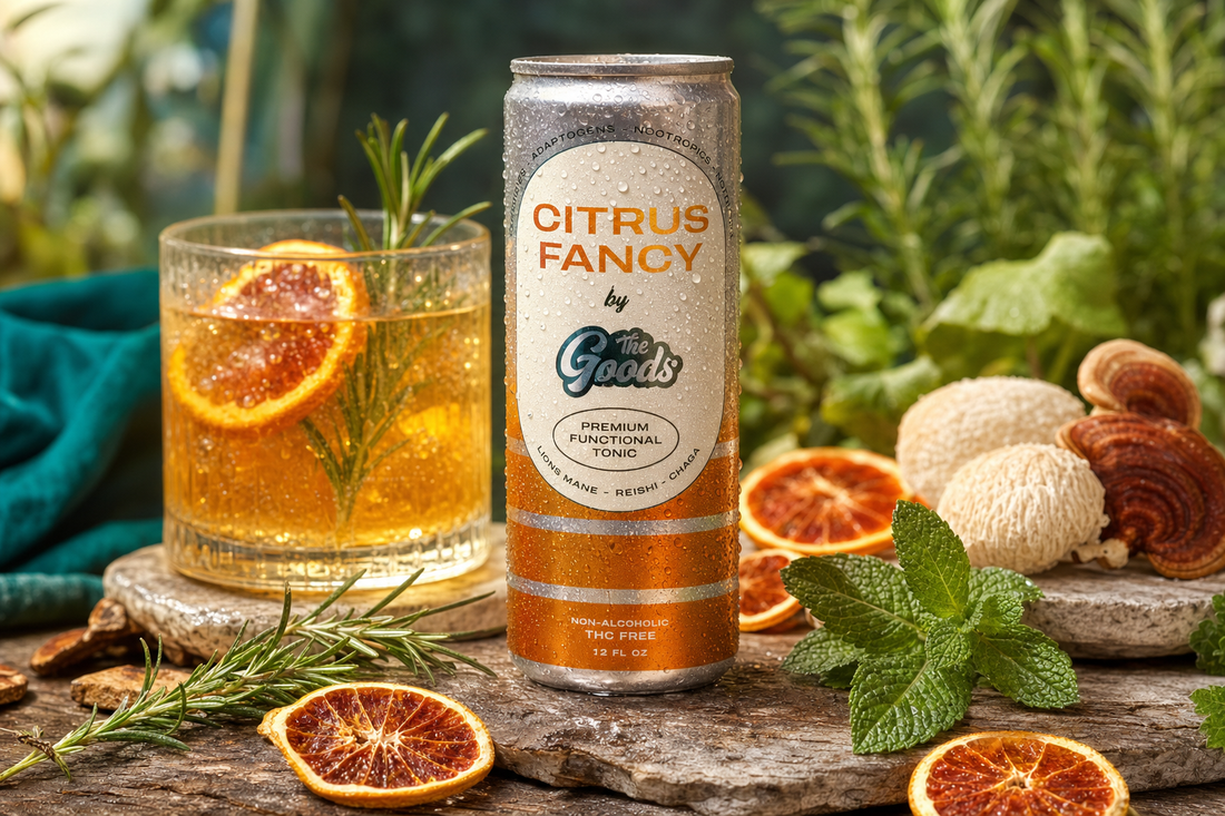 Citrus Fancy functional tonic can beside a garnished cocktail glass, dried orange slices, mushrooms, and fresh herbs.