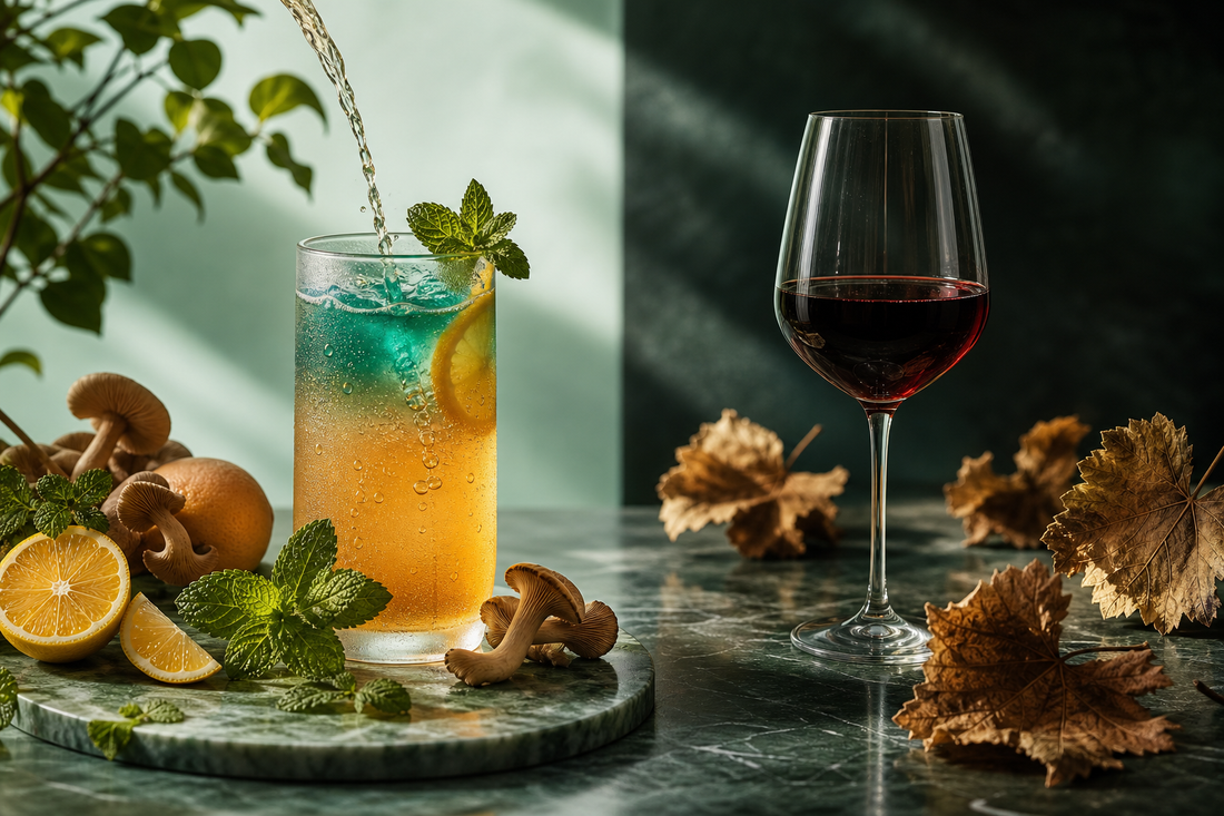 Liquid pouring into a citrus drink with mint beside a glass of red wine, with mushrooms, lemon, and dried leaves on marble.