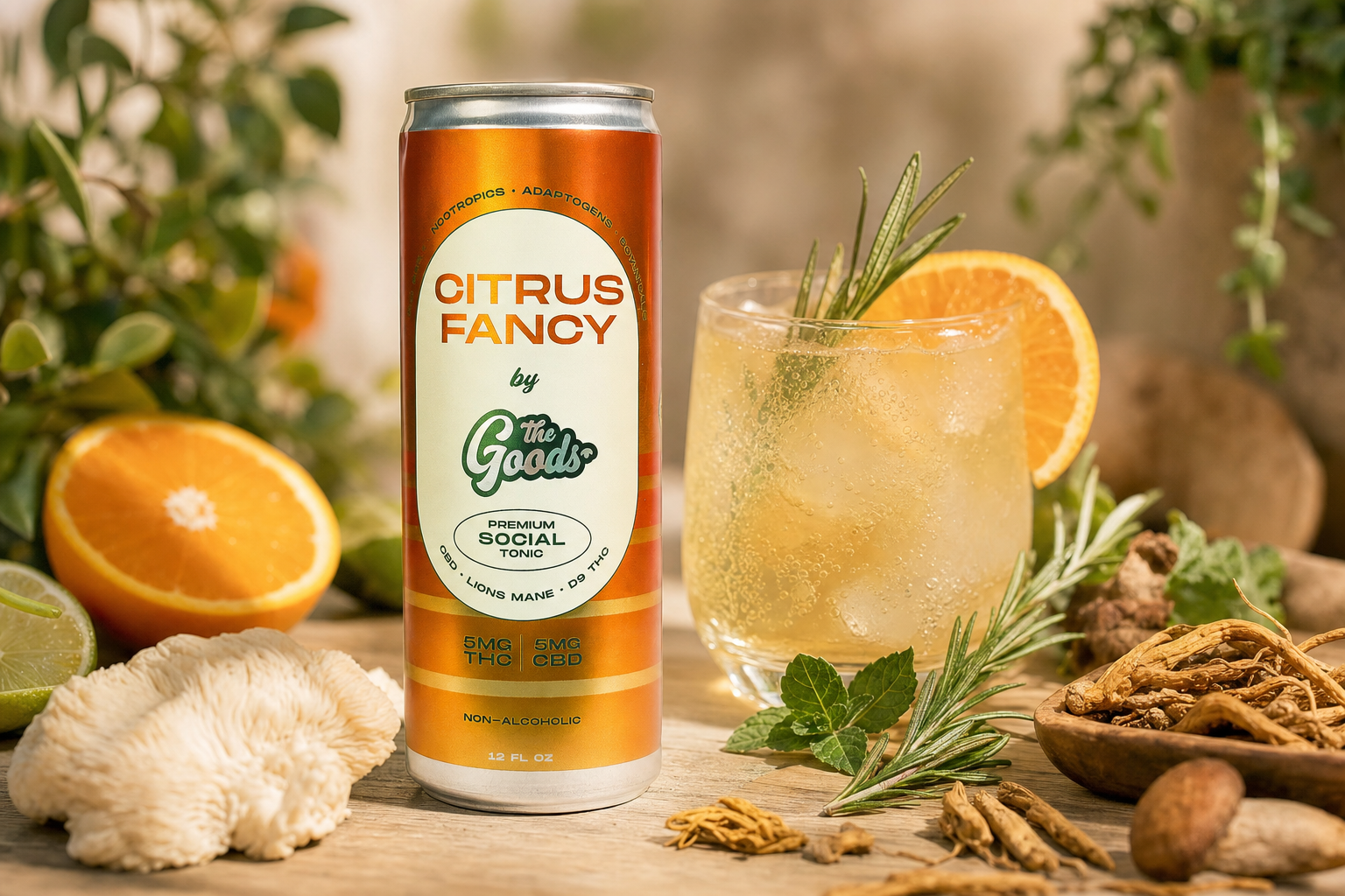 Orange "Citrus Fancy" social tonic can beside an iced drink, with oranges, lion's mane mushroom, herbs and roots.