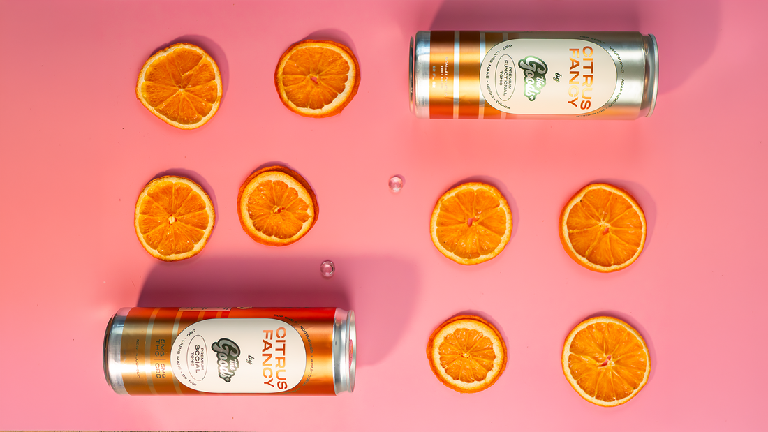 two cans of The Goods Citrus Fancy functional tonic in front of a pink background surrounded by orange slices