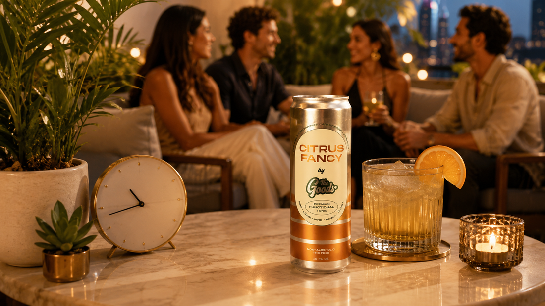 a can of The Goods Citrus Fancy on a table in a social setting